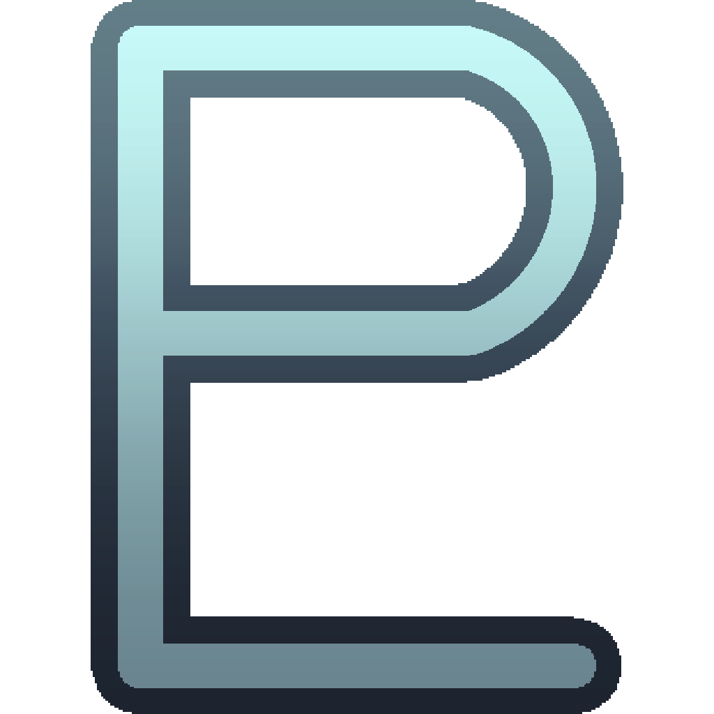 The astro symbol for pluto (monogram variant) in a cyan-tinted gray. It looks like the uppercase letters P and L put together, or an uppercase P with a line along the bottom.